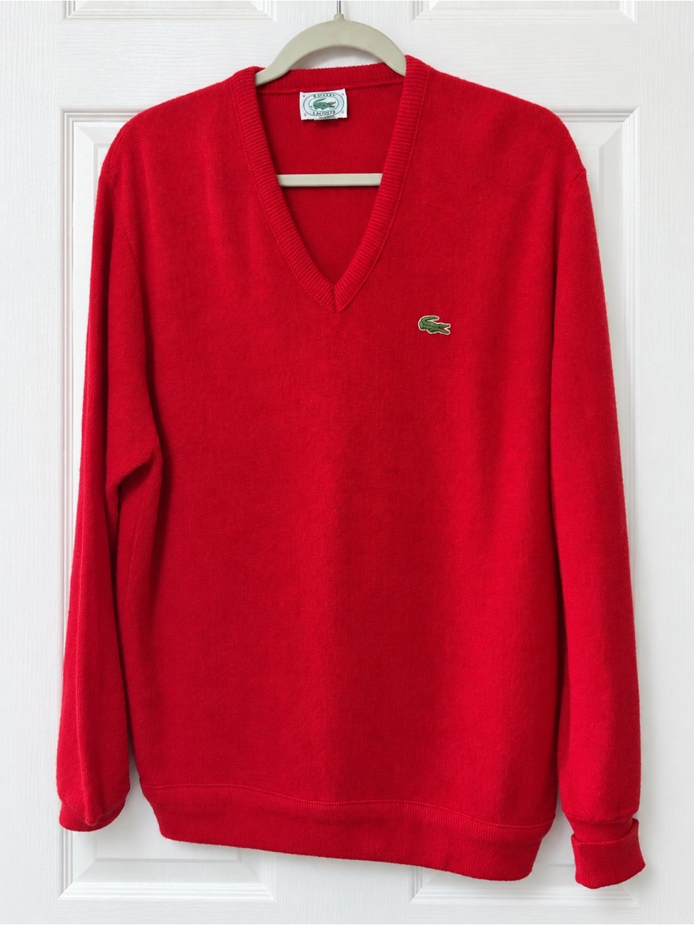 Vintage IZOD Lacoste Sweater Mens L Red V-Neck Orlon Acrylic 80s Crocodile